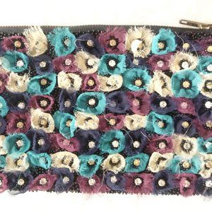 Vintage Clutch Evening Purse 3D Flowers Glass Beaded Satin Lining Bohemian Rare